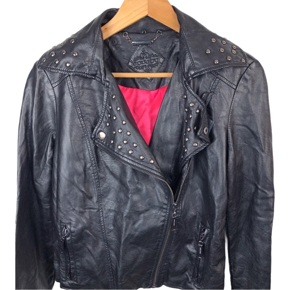 Jou Jou Faux Leather Studded Black Moto Asymmetric Zip Up Biker Jacket S - Picture 4 of 14